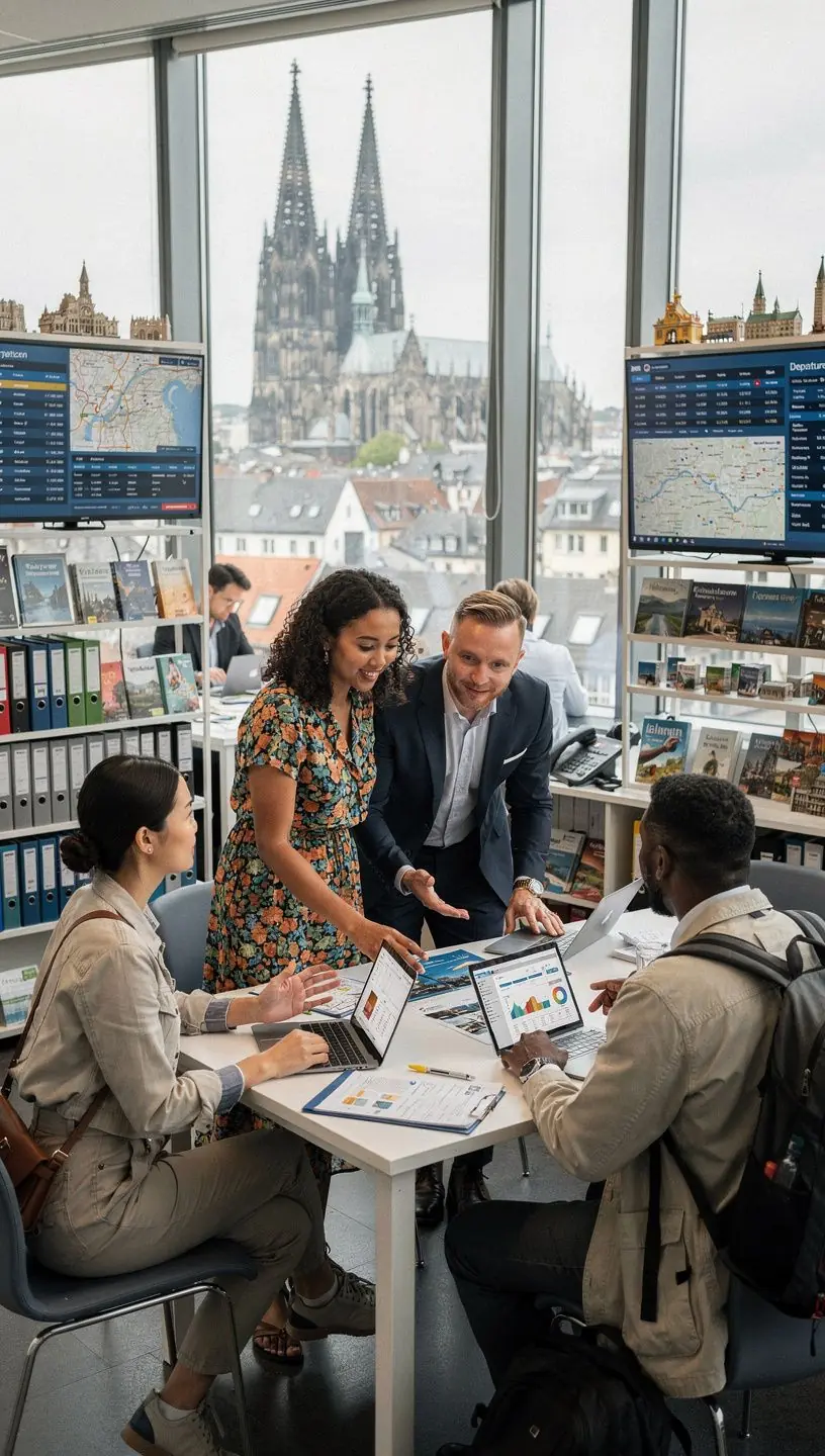 Kundengespräch mit Reiseexperten, der transparente und realistische Reiseerwartungen für Deutschlandtouren vermittelt.